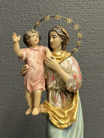 Heiligenbeeld Maria met kind, Antiek, incl. aureool 23 cm,  gips op houten voetje (5)