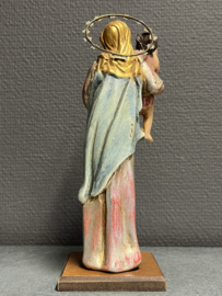 Heiligenbeeld Maria met kind, Antiek, incl. aureool 23 cm,  gips op houten voetje (5)