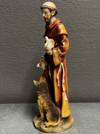 Heiligenbeeld Franciscus van Assisi met wolf en vogel