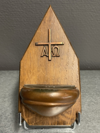 Wijwater bakje, Alfa en Omega, Koper en hout, 17 cm (8)