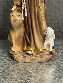 Heiligenbeeld  Franciscus van Assisi, met wolf, lam en vogel, 8 cm, resin, (3)