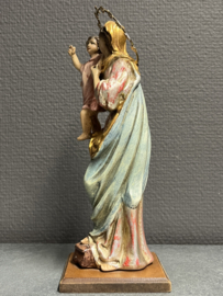 Heiligenbeeld Maria met kind, Antiek, incl. aureool 23 cm,  gips op houten voetje (5)