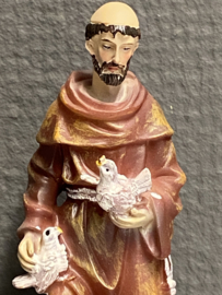 Heiligenbeeld Franciscus van Assisi met wolf en vogels 11 cm hoog. Resin (3)