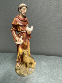 Heiligenbeeld  Franciscus van Assisi met wolf en duiven, resin, 20 cm (3)