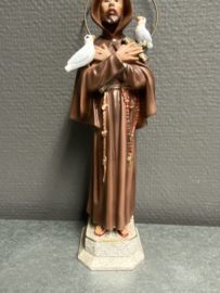 Heiligenbeeld  Franciscus van Assisi, gips en glazen ogen, 21 cm, houten voetje, (4)