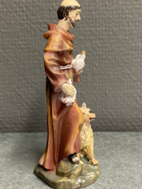 Heiligenbeeld Franciscus van Assisi met wolf en vogels 11 cm hoog. Resin (3)