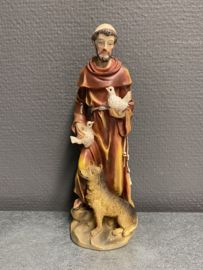 Heiligenbeeld  Franciscus van Assisi met wolf en duiven, resin, 20 cm (3)