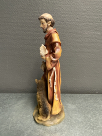 Heiligenbeeld  Franciscus van Assisi met wolf en duiven, resin, 20 cm (3)