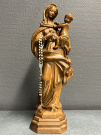Heiligenbeeld Maria met kind en rozenkrans, eikenhout, 30 cm, jaren 30 (49)