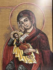 Icoon Maria met kind, hand geborduurd, inclusief lijst 33.5x25 cm, circa 1920