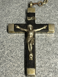 Antieke Rozenkrans, Ebbenhout, Lourdes, koper 63 cm.