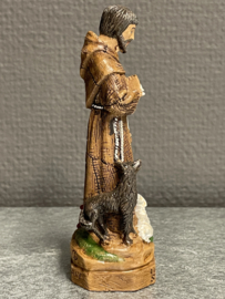 Beeld Heilige Franciscus van Assisi met wolf en vogel en lam. 12 cm hoog. Resin (8)