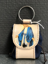 Rozenkrans Etui met afbeelding maria Wonderdadige, Leer. Blauw