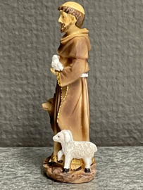 Heiligenbeeld  Franciscus van Assisi, met wolf, lam en vogel, 8 cm, resin, (3)