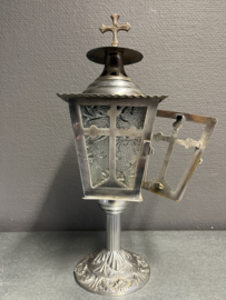 Antieke grafkaars houder, metaal en glas, 32 cm (0)