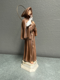 Heiligenbeeld  Franciscus van Assisi, gips en glazen ogen, 21 cm, houten voetje, (4)