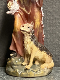 Heiligenbeeld Franciscus van Assisi met wolf en vogels 11 cm hoog. Resin (3)