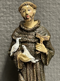 Heiligenbeeld  Franciscus van Assisi met duiven en Tau kruis, 14 cm, resin (4)
