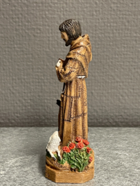 Beeld Heilige Franciscus van Assisi met wolf en vogel en lam. 12 cm hoog. Resin (8)