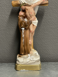Heiligenbeeld  Franciscus van Assisi onder het kruis, gips, 20 cm (2)