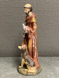 Heiligenbeeld Franciscus van Assisi met wolf en vogels 11 cm hoog. Resin (3)