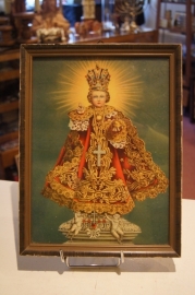 Kindje Jezus van Praag in lijst, antiek, 28 x 21 cm (37)