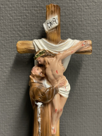 Heiligenbeeld  Franciscus van Assisi onder het kruis, gips, 20 cm (2)