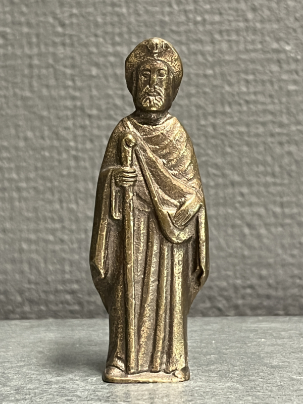 Heiligenbeeld Jacobus de Meerdere Santiago de Compostella, 9 cm, brons. (3)