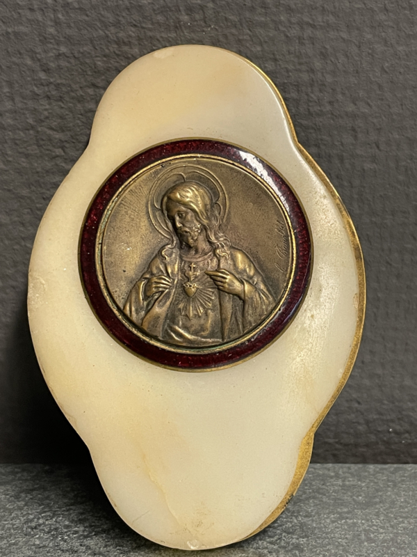 Plaquette Christus Heilig Hart, Marmer en Koper, 12 x 8 cm  (8)