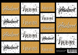 Handlettering vel karton met teksten 'gefeliciteerd' en 'hoera'