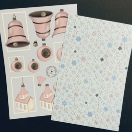 Dag 1 : roze kerstballen knipvel A5 met stukje dessinvel met roze ijskristallen