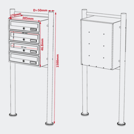 Meervoudige staande brievenbus ( hoog 4 stuks ) in zilver.