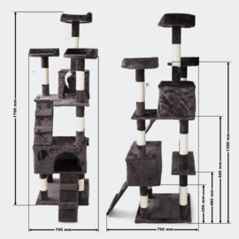 Katten Krabpaal; Grijs 170cm met kattenhuisjes, ladders & platforms