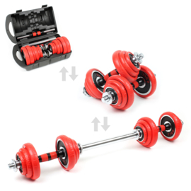 Halterset 20kg 2in1 dumbbell en barbell met 12 halterschijven, kleur rood.