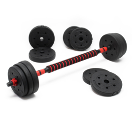 20kg DumbbellSet; dumbbell en barbell 2in1 met 12 halterschijven.