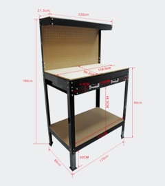 Werkbank 1200x600x1600mm voorzien van stevig werkblad en geperforeerde wand.