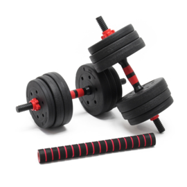 30kg DumbbellSet; dumbbell en barbell 2in1 met 16 halterschijven.