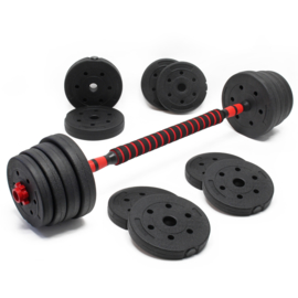 30kg DumbbellSet; dumbbell en barbell 2in1 met 16 halterschijven.