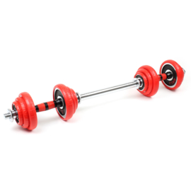 Halterset 20kg 2in1 dumbbell en barbell met 12 halterschijven, kleur rood.