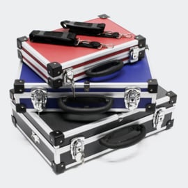 Kofferset aluminium met 3 koffers/gereedschapskisten in zwart, blauw en rood.