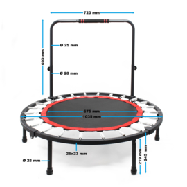 Fitnesstrampoline Ø1035 mm tot 150kg met in hoogte verstelbare handgreep.