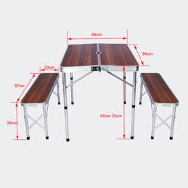 Aluminium koffertafel met 2 banken; hout design 90x66x70 cm, opvouwbaar