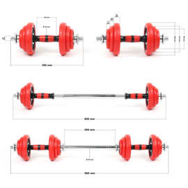 Halterset 20kg 2in1 dumbbell en barbell met 12 halterschijven, kleur rood.