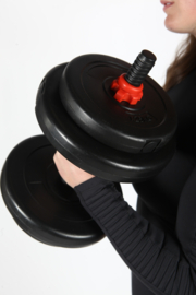 30kg DumbbellSet; dumbbell en barbell 2in1 met 16 halterschijven.