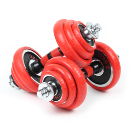 Halterset 20kg 2in1 dumbbell en barbell met 12 halterschijven, kleur rood.