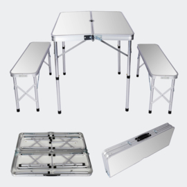 Aluminium koffertafel met 2 banken; 90x66x70 cm, opvouwbaar