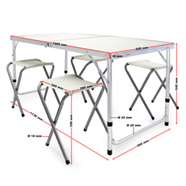 Aluminium campingzitset 5 delig. Tafel met vier stoelen, krukjes.