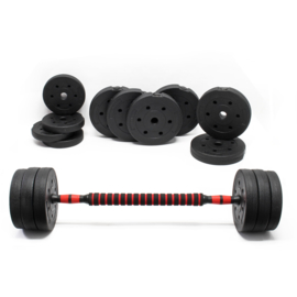 40kg DumbbellSet; dumbbell en barbell 2in1 met 16 halterschijven.