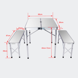 Aluminium koffertafel met 2 banken; 90x66x70 cm, opvouwbaar