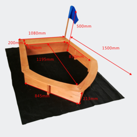 Zandbakboot 150x108x50cm; Houten zandbak met vliesbodem.